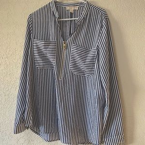 Michael Kors crepe white & navy striped blouse.